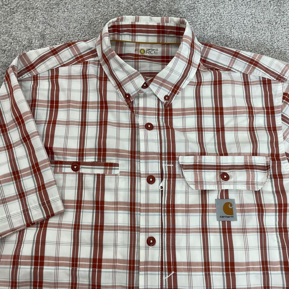 Carhartt Force Mens Large Short Sleeve Red Plaid Relaxed Fit Button Down Shirt